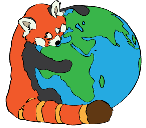 A cartoon red panda hugging planet earth